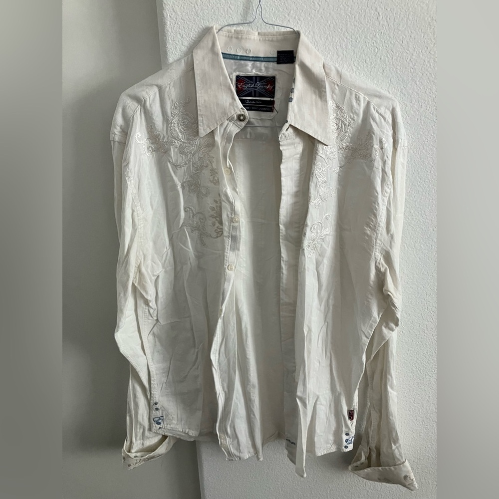 English Laundry Cream Embroidered Button Down Shirt